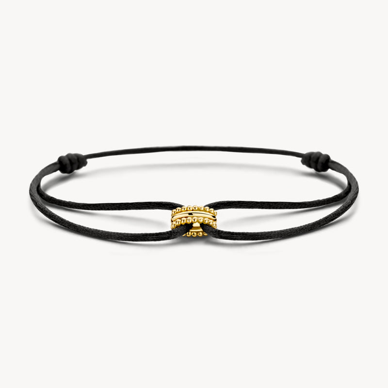 Zwarte zijden koord armband met 14k geelgouden bicolor goud sluiting.