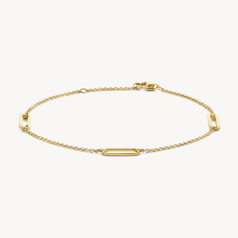 14k geelgoud armband met fijne schakels en rechthoekige schakels.