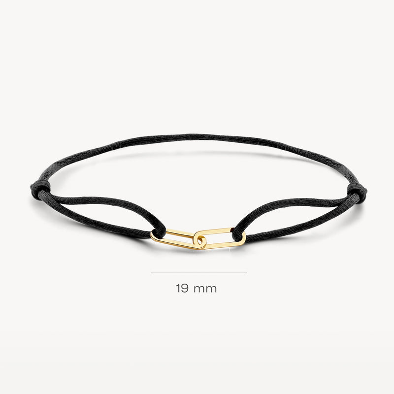 14k goud armband met zwart zijdekoord en 19 mm gouden sluiting.