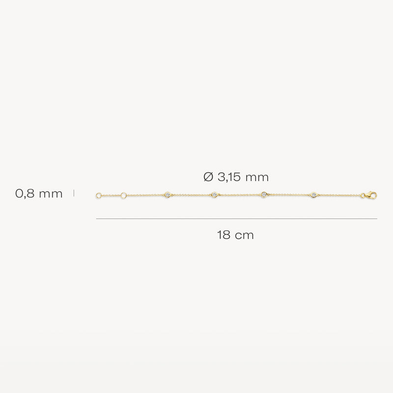Fijne armband 14k geelgoud met kleine bolletjes en schakel van 18 cm lengte.