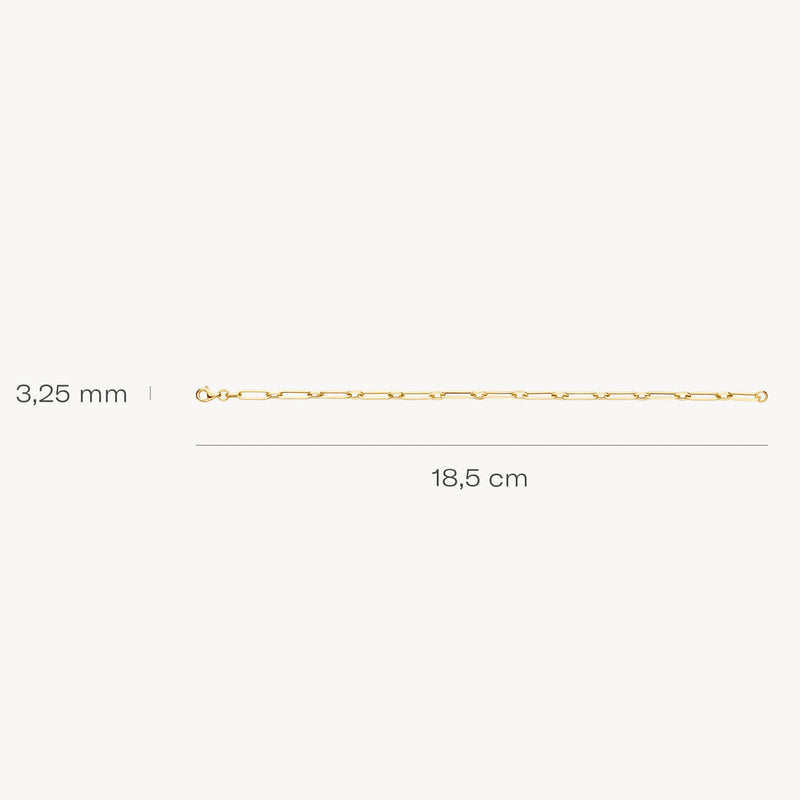 Dunne 14k geelgouden armband met fijne schakels, lengte 18,5 cm, breedte 3,25 mm.