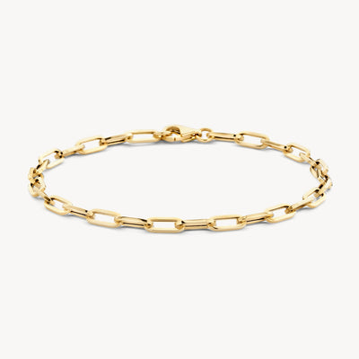 Armband van 14k geelgoud met grove schakelstructuur en karabijnsluiting.