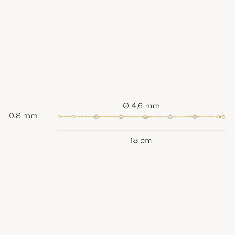 Feines Gliederarmband aus 585er Gelbgold mit Zirkonias, 18 cm lang, 0,8 mm breit.