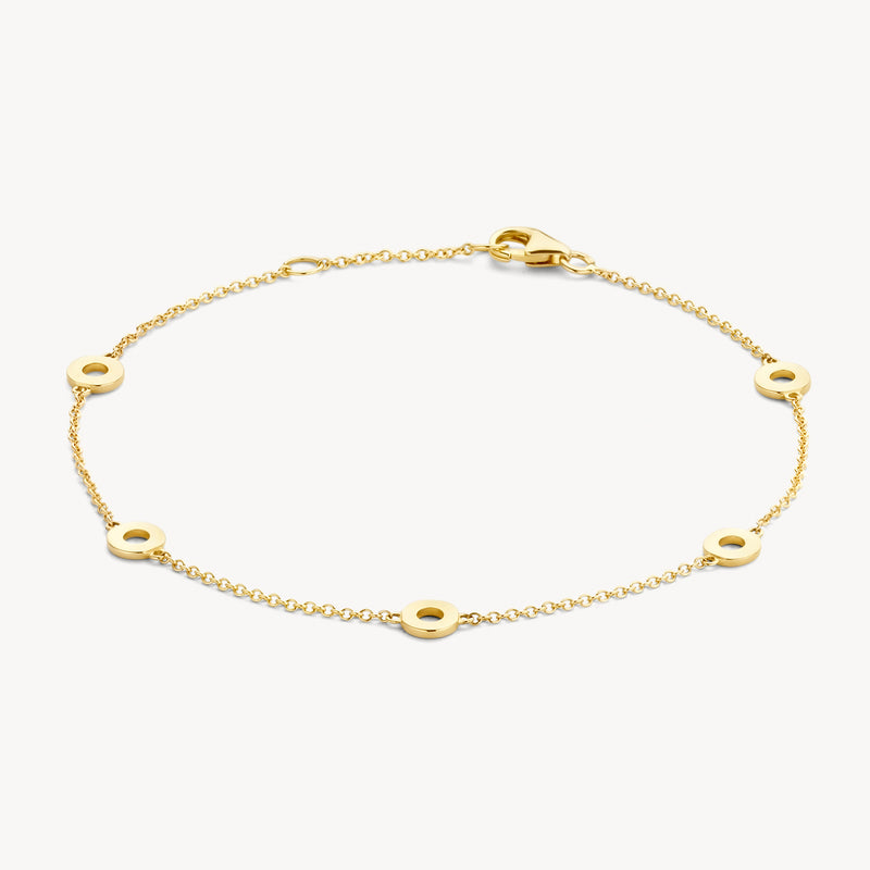 Fijne armband van 14k geel goud met kleine ronde schakels en sluiting.