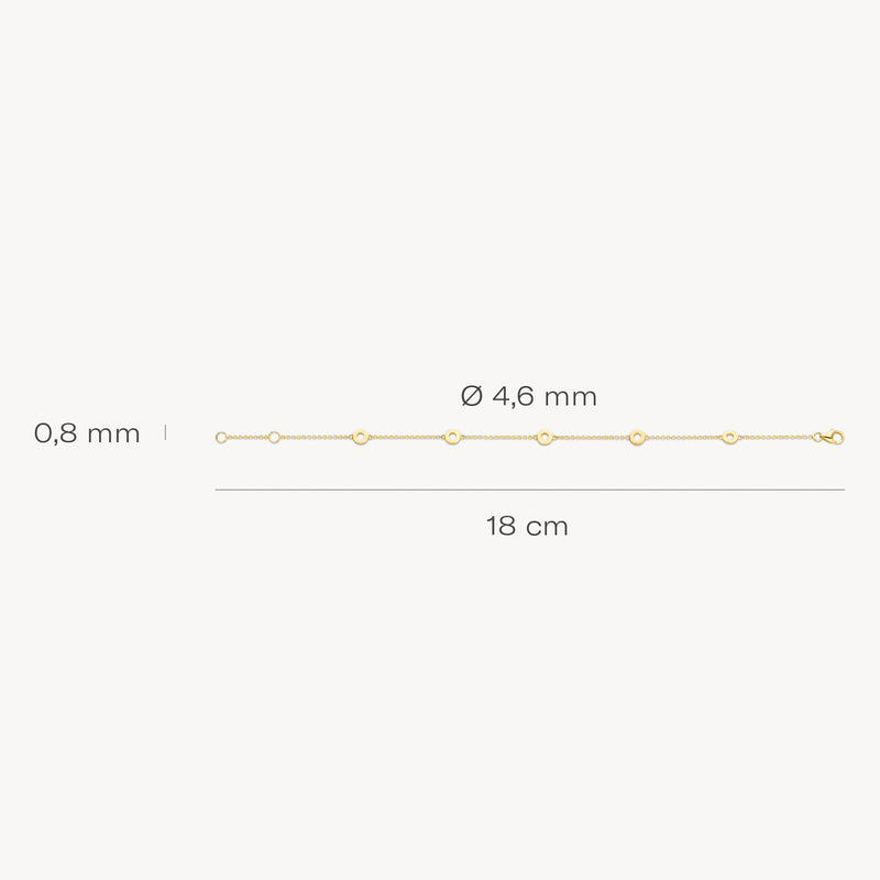 Fijne schakelarmband 18 cm van 14k geelgoud met kleine bolletjes van 4,6 mm diameter.