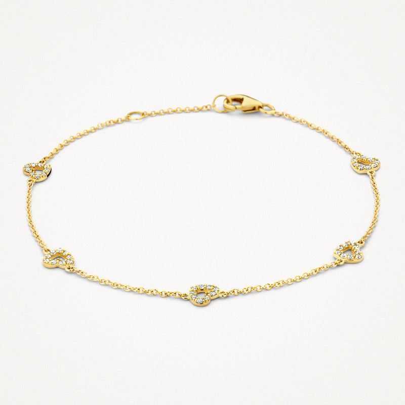 Fijne 14k geelgouden armband met vijf kleine zirkonia schakels en karabijnsluiting.
