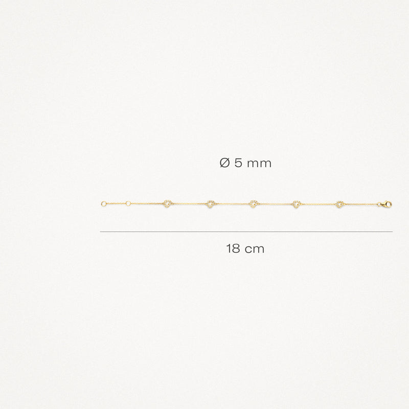 Fijne armband van 14k geelgoud met kleine, ronde schakels en zirkonia's, 18 cm lang, 5 mm breed.