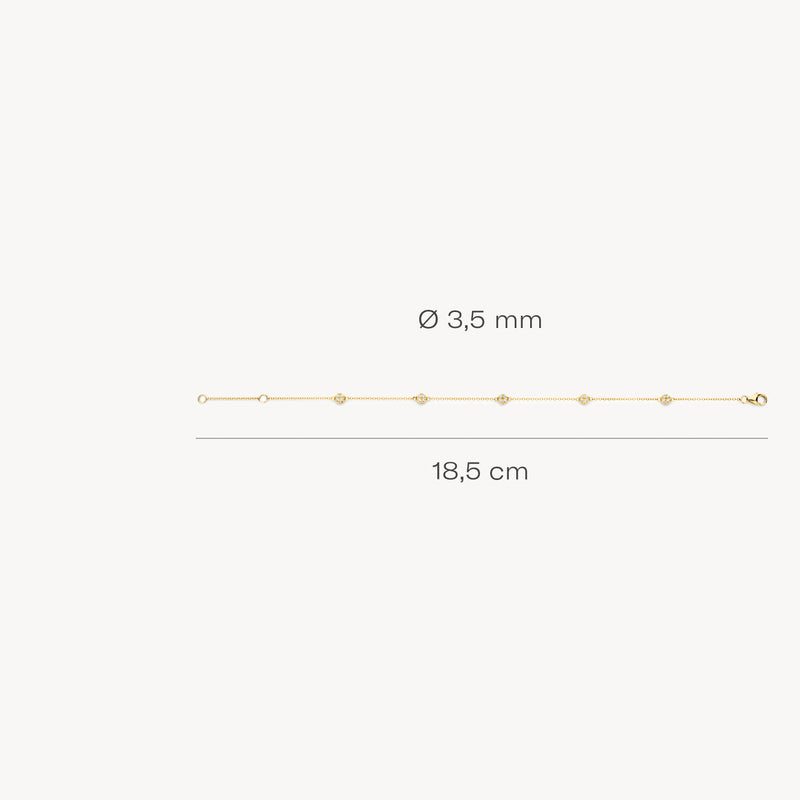 Fijne schakelarmband van 14k geelgoud met kleine bolletjes, 18,5 cm lang, 3,5 mm breed.