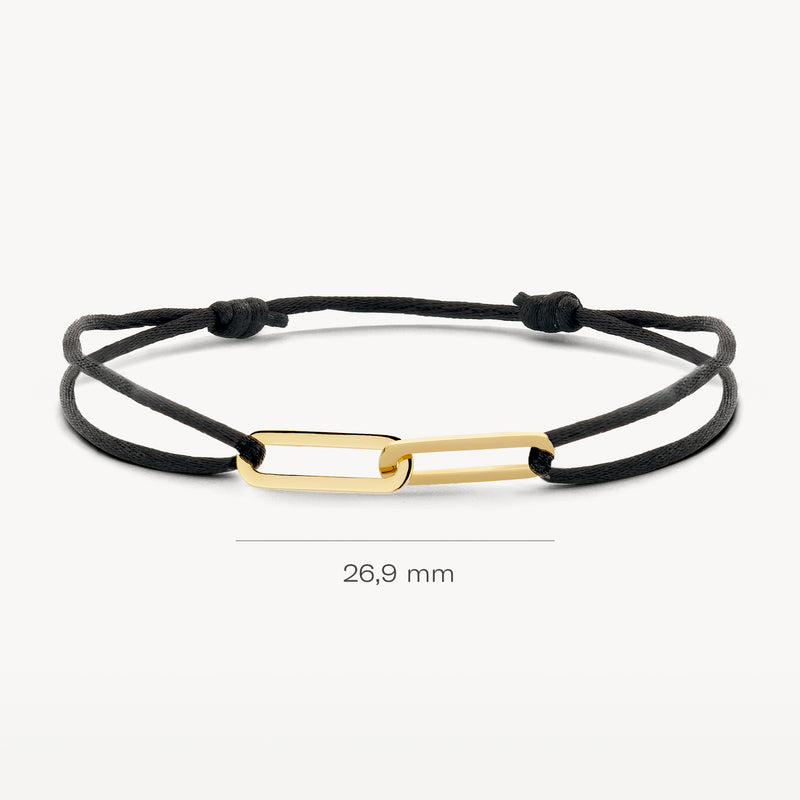 Armband met zwarte koord en 14k geelgouden buisdetail van 26,9 mm.