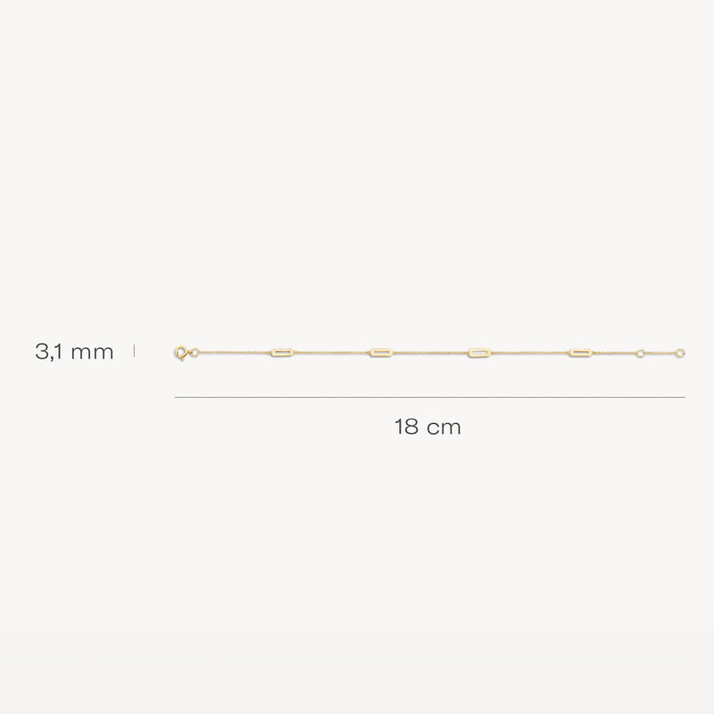 Fijne schakels armband van 14k geelgoud, 18 cm lang en 3,1 mm breed.