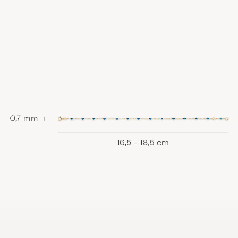 Armband van 14k geelgoud met fijne schakels en blauwe resin, 16,5-18,5 cm lang.