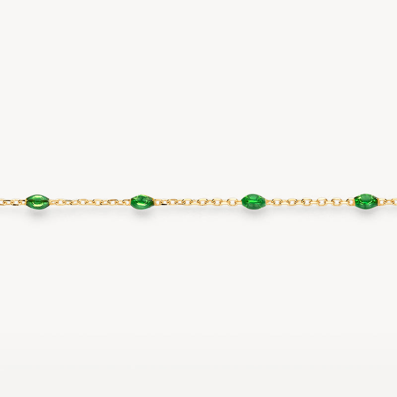 Armband met fijne schakels van 14k geelgoud en groene resin kralen.