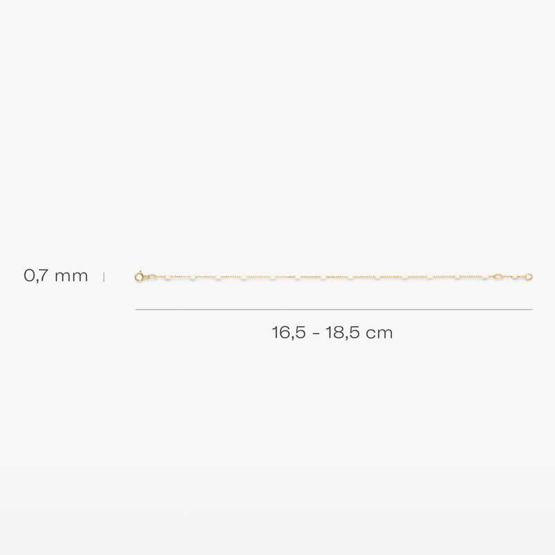Dunne 14k geelgouden schakelarmband 0,7 mm met fijne afwerking, lengte 16,5-18,5 cm.