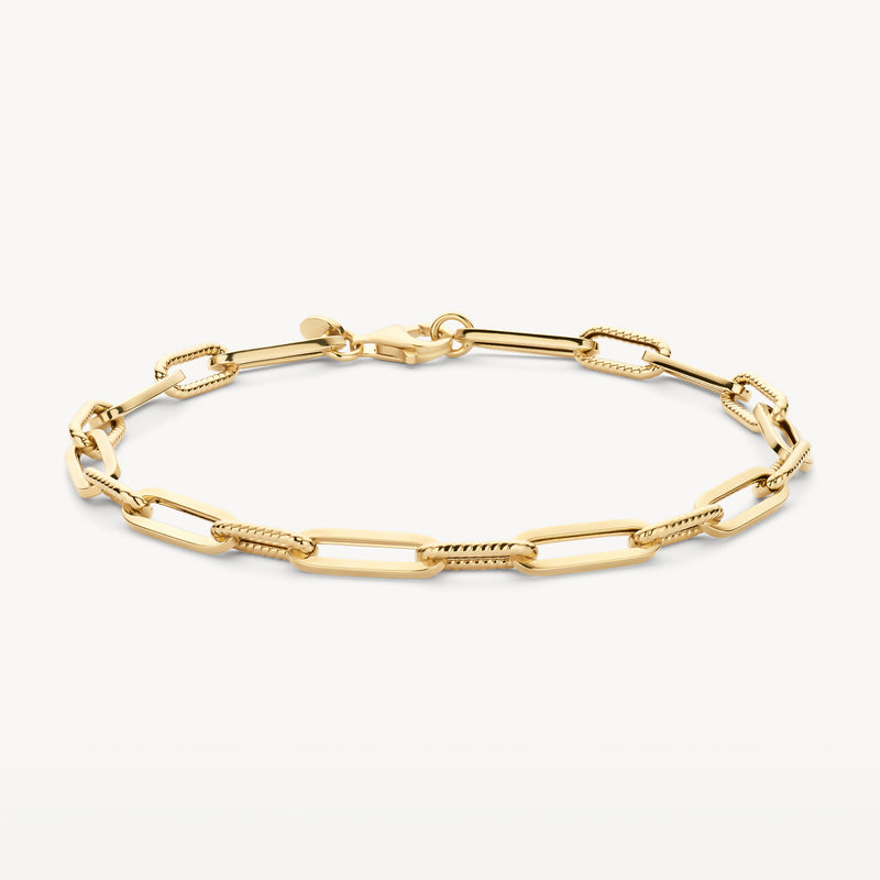 Armband van 14k geel goud met grove schakels en ovale sluiting.