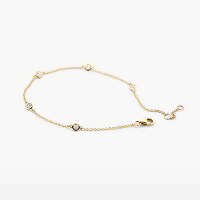 Fijne armband van 14k geel goud met kleine zirkonia schakels en karabijnsluiting.