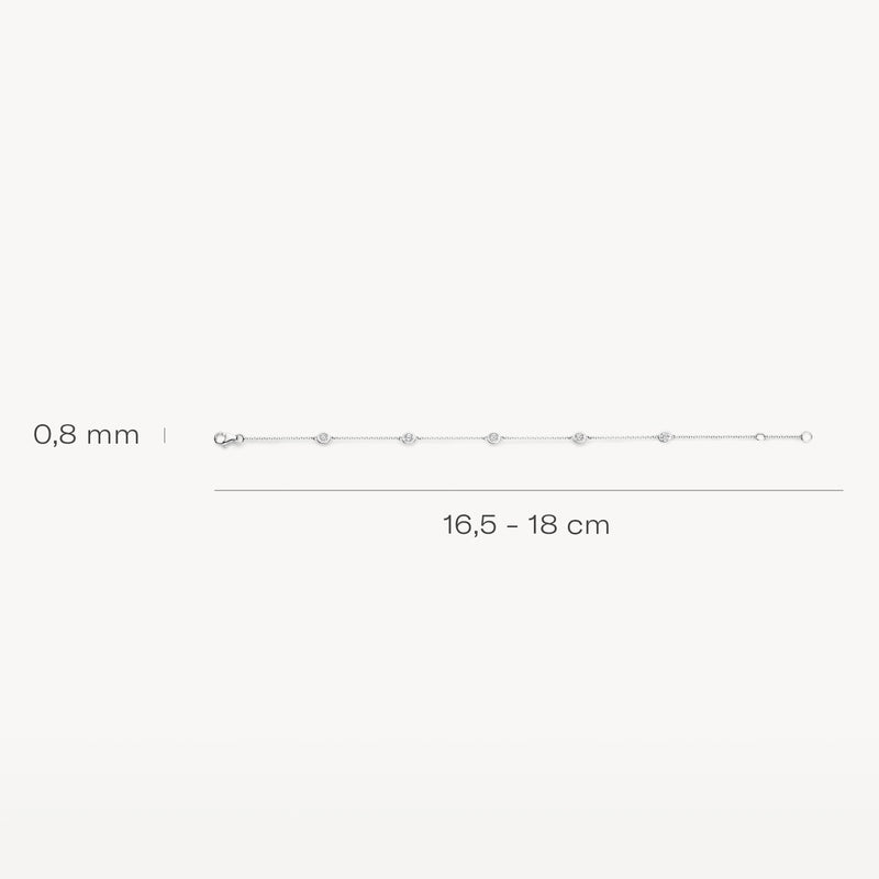 Fijne armband van 14k wit goud met kleine zirkonia schakels, 16,5-18 cm lang, 0,8 mm dik.