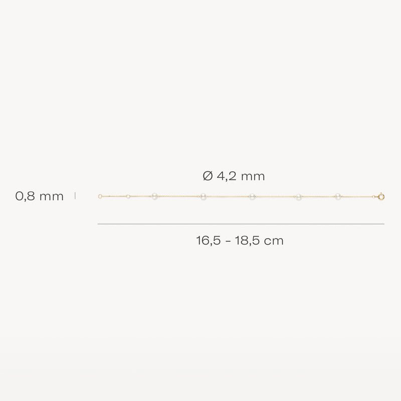 Fijne parelarmband van 14k geelgoud met kleine parels en schakels, 16,5-18,5 cm lang.