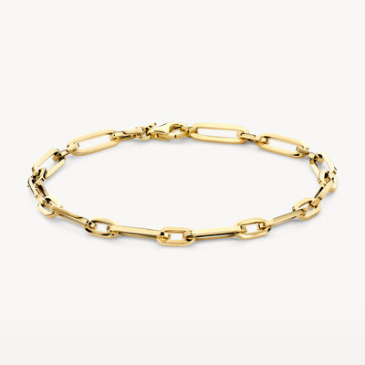 Armband aus 585er Gelbgold mit klobigen Gliedern und Karabinerverschluss.