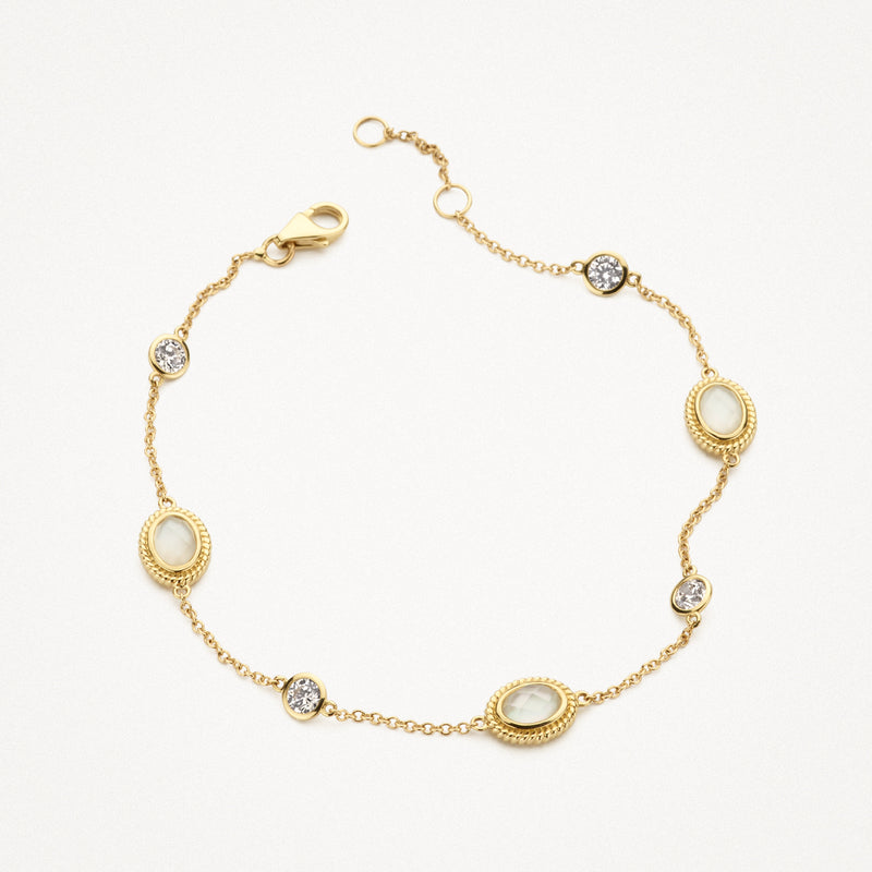 Armband van 14k geelgoud met schakels, mother of pearl en fonkelende zirkonia's.