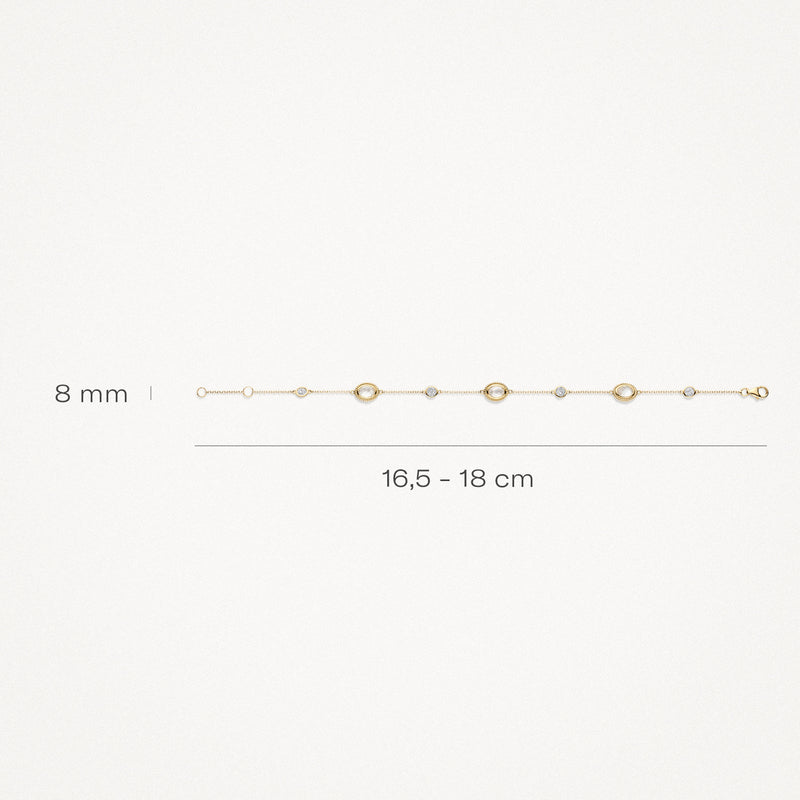 Armband van 14k geelgoud met fijne schakels en ronde mother of pearl doublette stenen met zirkonia's, 16,5-18 cm lang.
