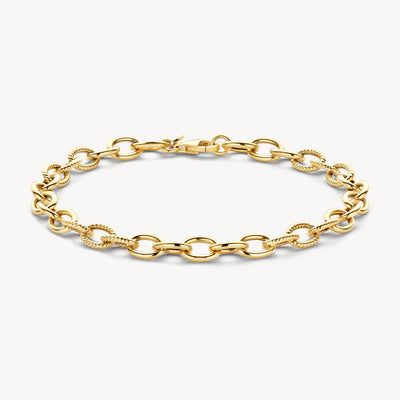 14k geelgouden armband met grove schakels en glanzende afwerking.