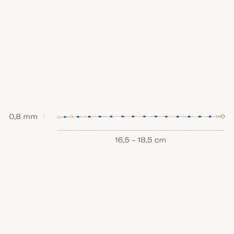 Bracelet en or fin 14k avec de petites perles en résine bleue, 16,5-18,5 cm de long, 0,8 mm de large.