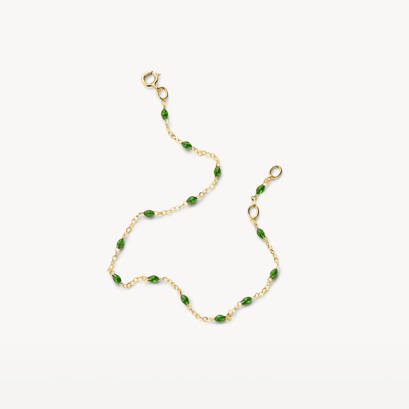 Armband van 14k goud met groene resin schakels en sluiting.