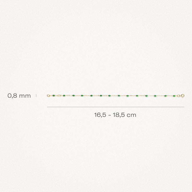 Bracelets à maillons en or 14k avec petites perles en Résine Vert, longueur 16.5-18.5 cm, épaisseur 0.8 mm.