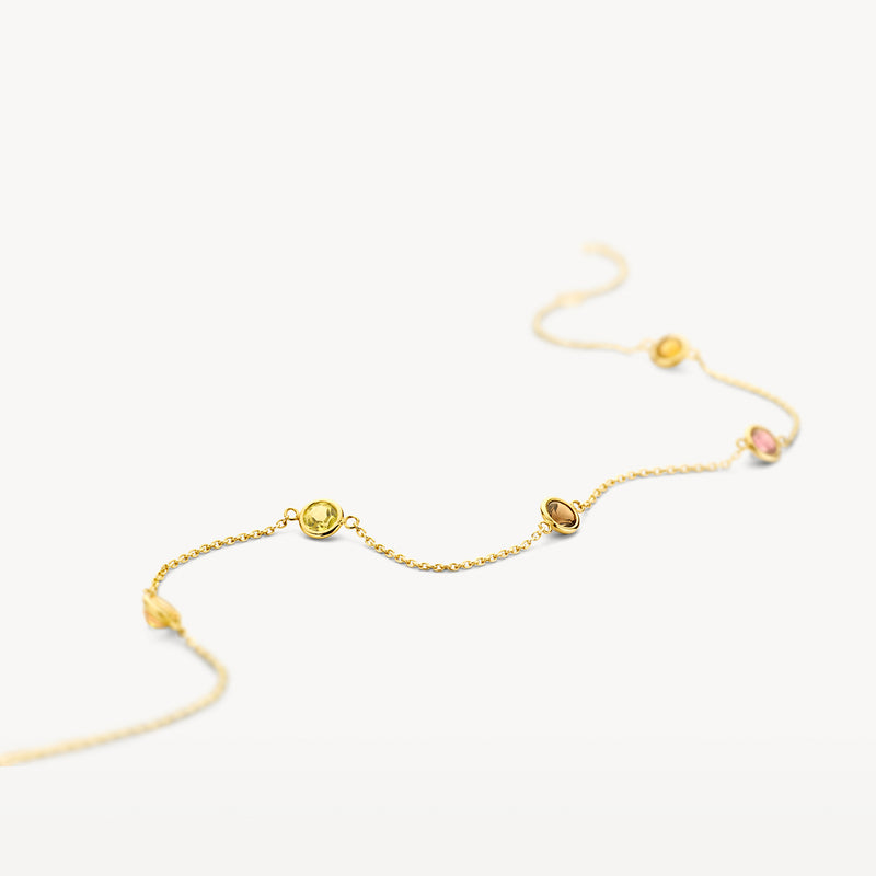 Armband aus 585er Gold mit drei farbigen Steinen und feinen Kettengliedern.