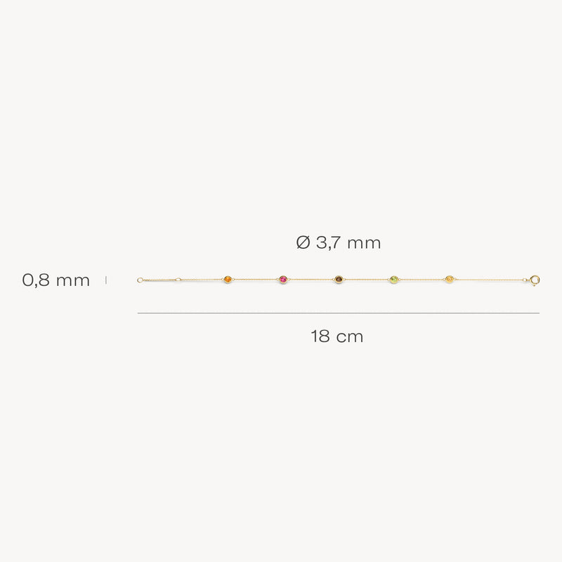 14k goud armband met fijne schakels en kleine gekleurde stenen, 18 cm lang.