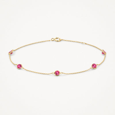 Fijne armband van 14k goud met vier ronde rhodoliet stenen in schakels.