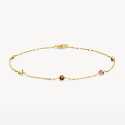 585er Gelbgold-Gliederarmband mit farbigen Edelsteinen, Vorderansicht.