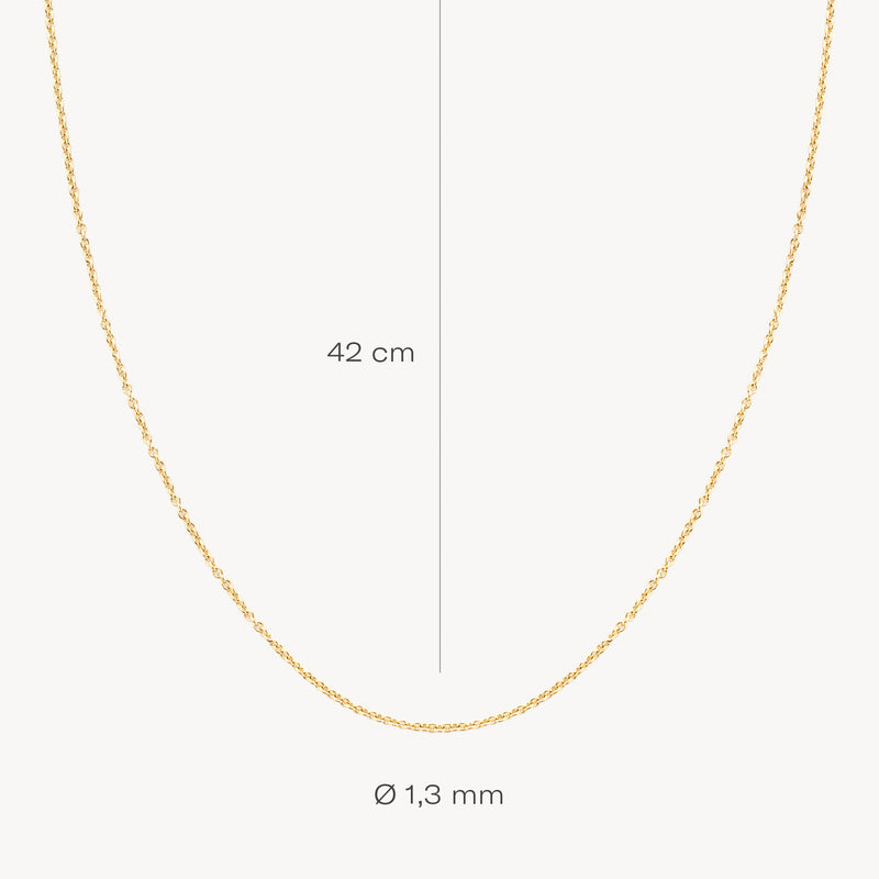 Ketting van 14k geelgoud, 42 cm lang en 1,3 mm dik met fijne schakels.