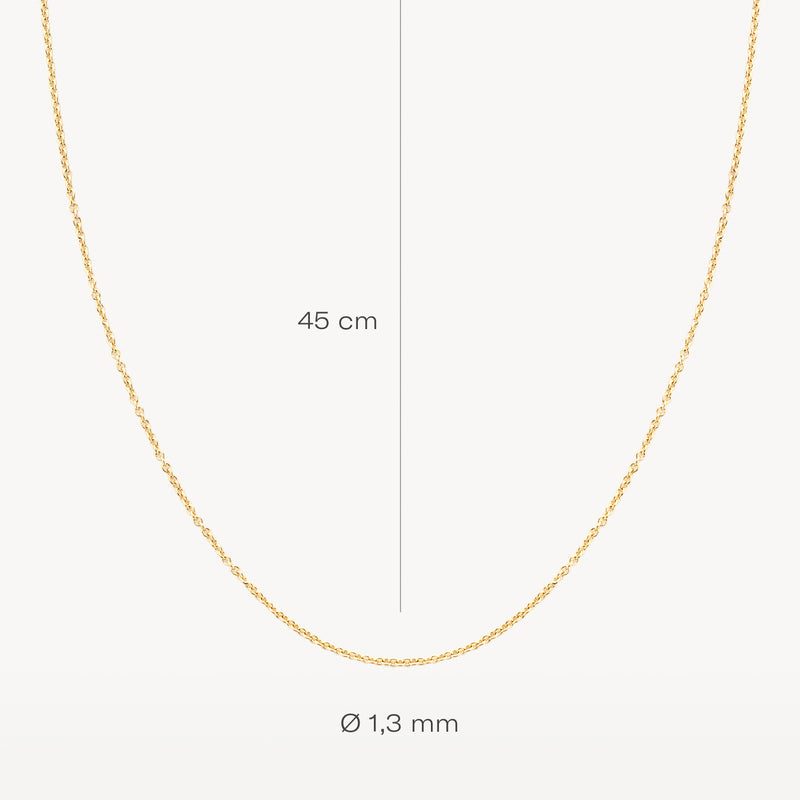 Dunne ketting 45 cm lang van 14k geelgoud met fijne schakels en 1,3 mm dikte.
