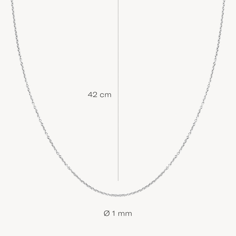 Fijne ketting van 14k wit goud, 42 cm lang, 1 mm dik, schakel ontwerp.