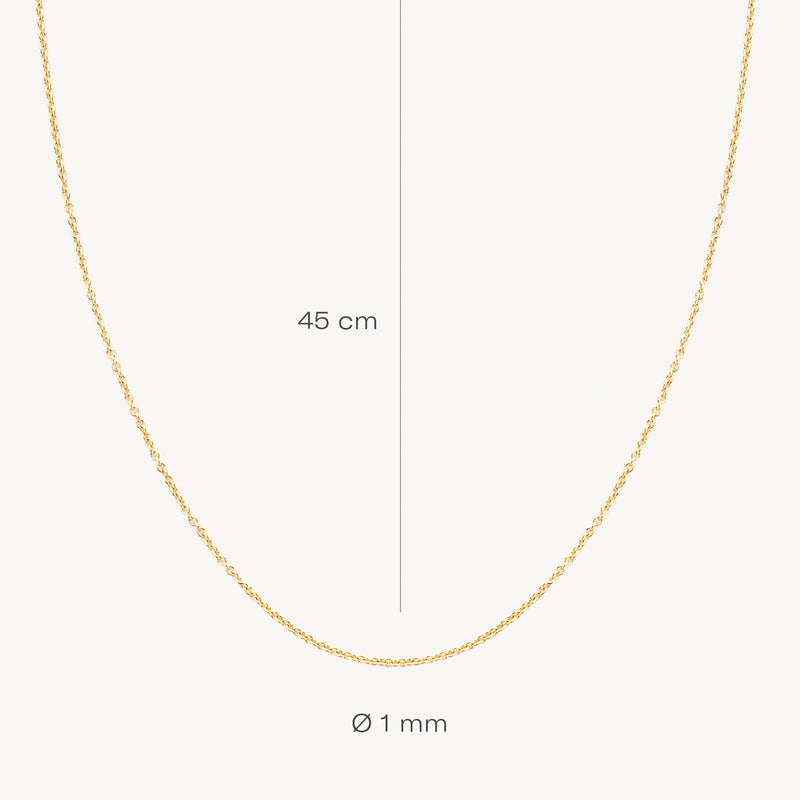 Fijne schakeling ketting van 14k geel goud, 45 cm lang, 1 mm breedte.