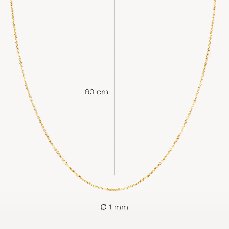 Fijne schakelketting van 14k geel goud, 60 cm lang, 1 mm dikte.