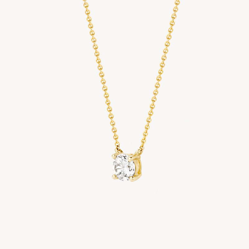 Halskette aus 585er Gelbgold mit rundem Zirkonia-Anhänger und feinen Gliedern.