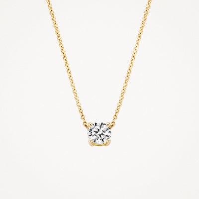 Ketting van 14k geel goud met ronde zirkonia hanger en fijne schakels.