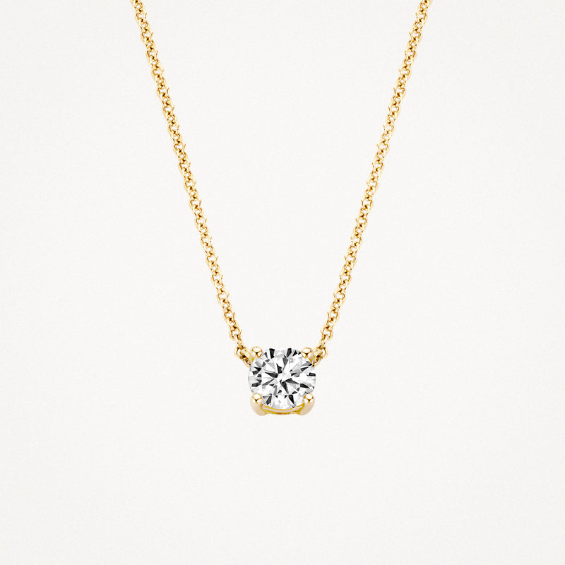 Ketting van 14k geel goud met ronde zirkonia hanger en fijne schakels.