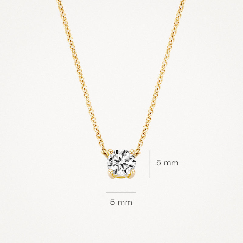 14k geelgouden ketting met solitaire zirkonia van 5 mm in ronde zetting.