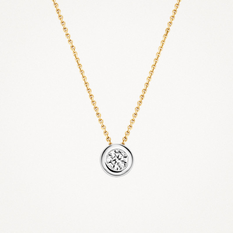 Bicolor ketting met ronde hanger van 14k geel en wit goud met zirkonia's.