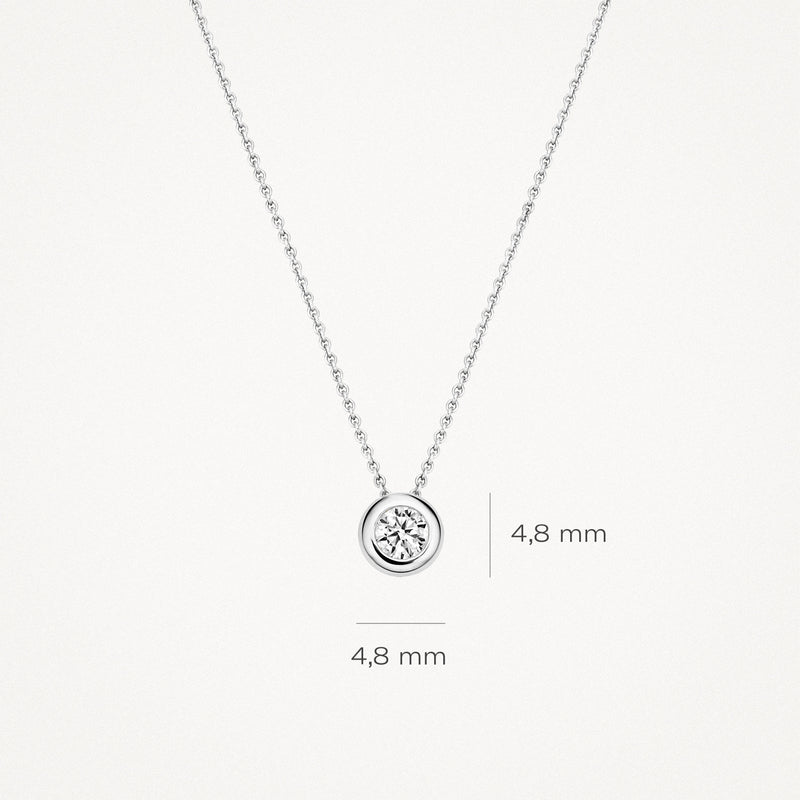 14k witgouden ketting met rond hanger en centrale zirkonia van 4,8 mm.