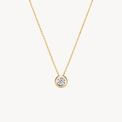 14k geelgouden ketting met ronde zirkonia hanger en delicate schakels.
