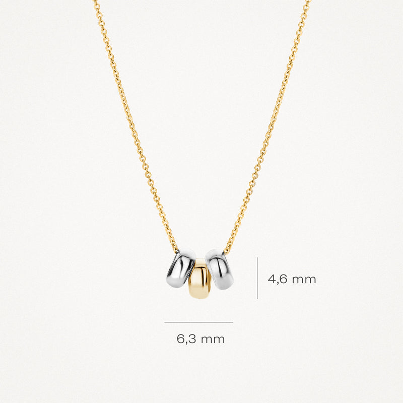 14k geel goud ketting met drie hangers in 14k geel, wit en rosé goud met afmetingen 6,3 x 4,8 mm.