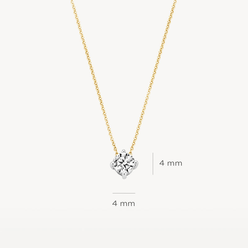 Collier met 14k geel goud ketting en 14k wit goud hanger met zirkonia, 4 mm vierkant.