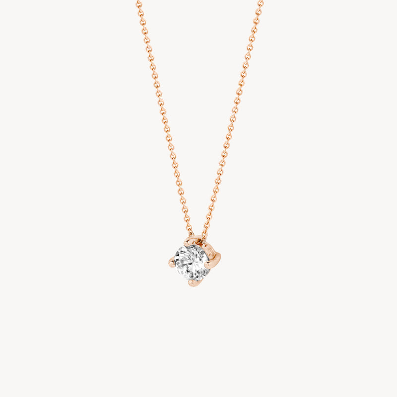 14k rosé goud ketting met ronde zirkonia hanger en bicolor goud accent.