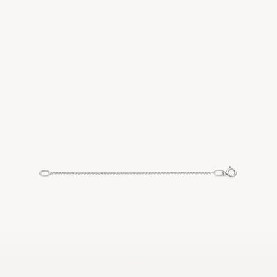 Dunne schakelcollier verlengstukje van 14k wit goud met veerkarabijnsluiting.