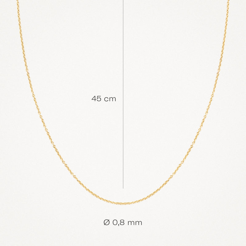 14k geelgoud fijne schakelketting 45 cm, diameter 0,8 mm, minimalistisch ontwerp.
