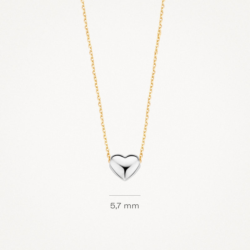 Ketting met hartvormige hanger van 14k wit goud aan fijne ketting van 14k geelgoud, 5,7 mm groot.